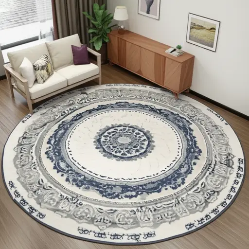 她在房间中央铺了一块圆形地毯。