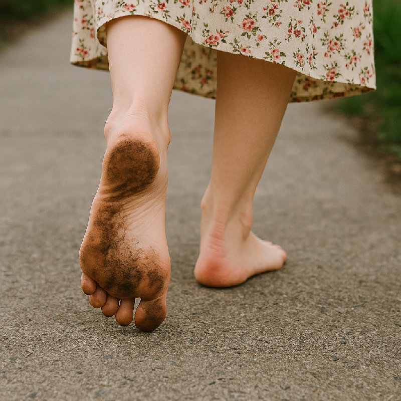 她赤脚走路，脚底都变黑了。