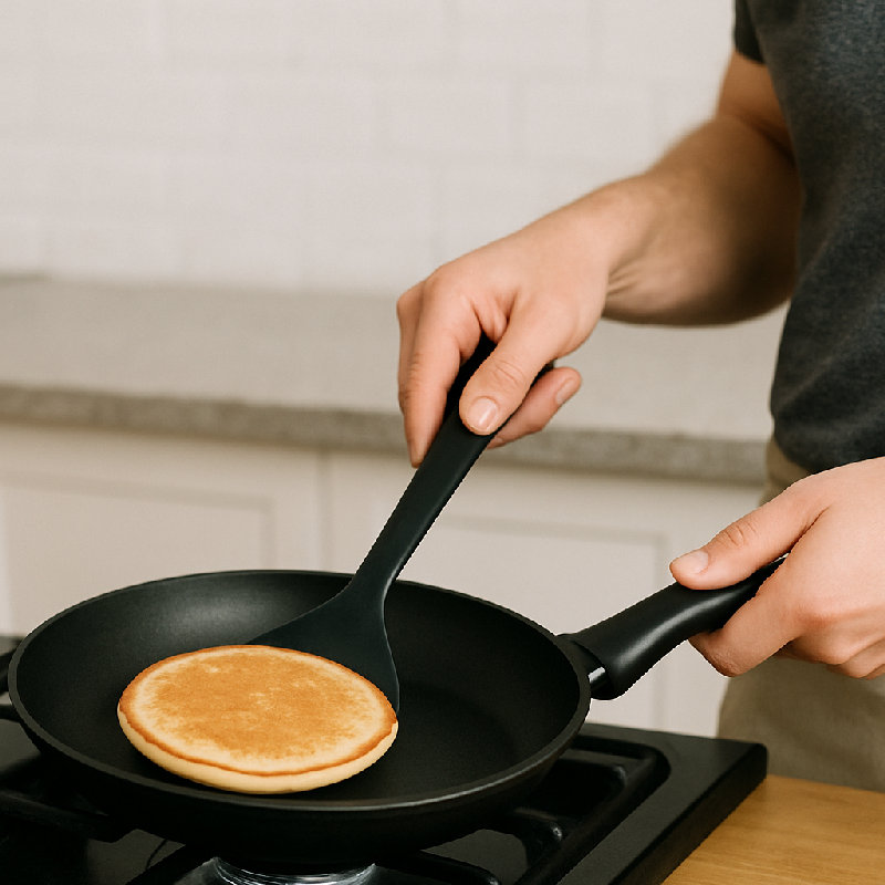 他用锅铲轻轻翻动煎饼。