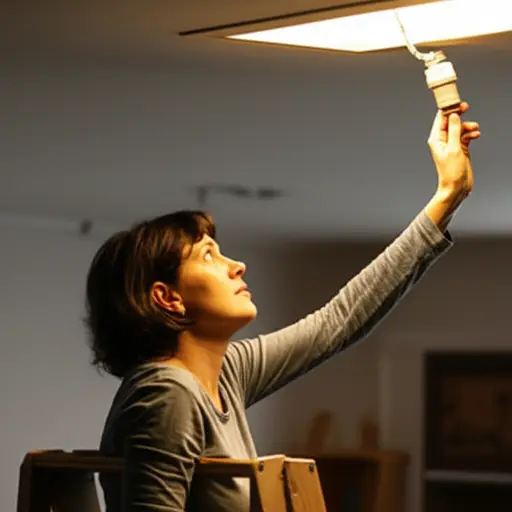 她爬到椅子上换灯泡。