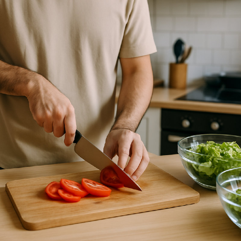 他正在切番茄做沙拉。