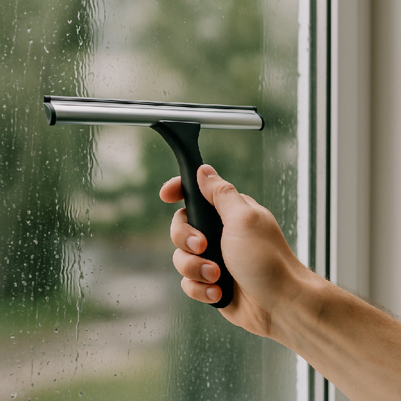 我用刮水器把窗户上的水渍清理掉了。 
