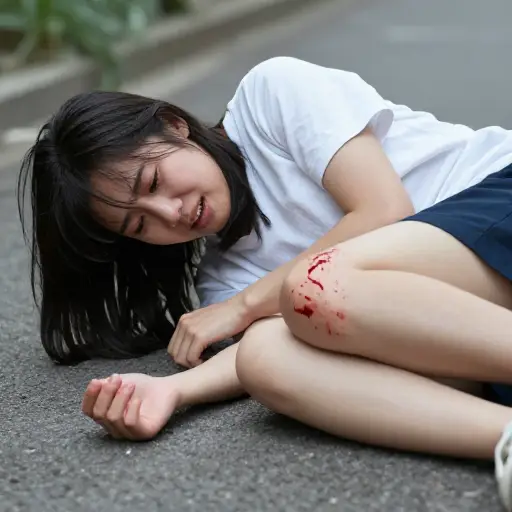她摔倒了，膝盖开始流血。