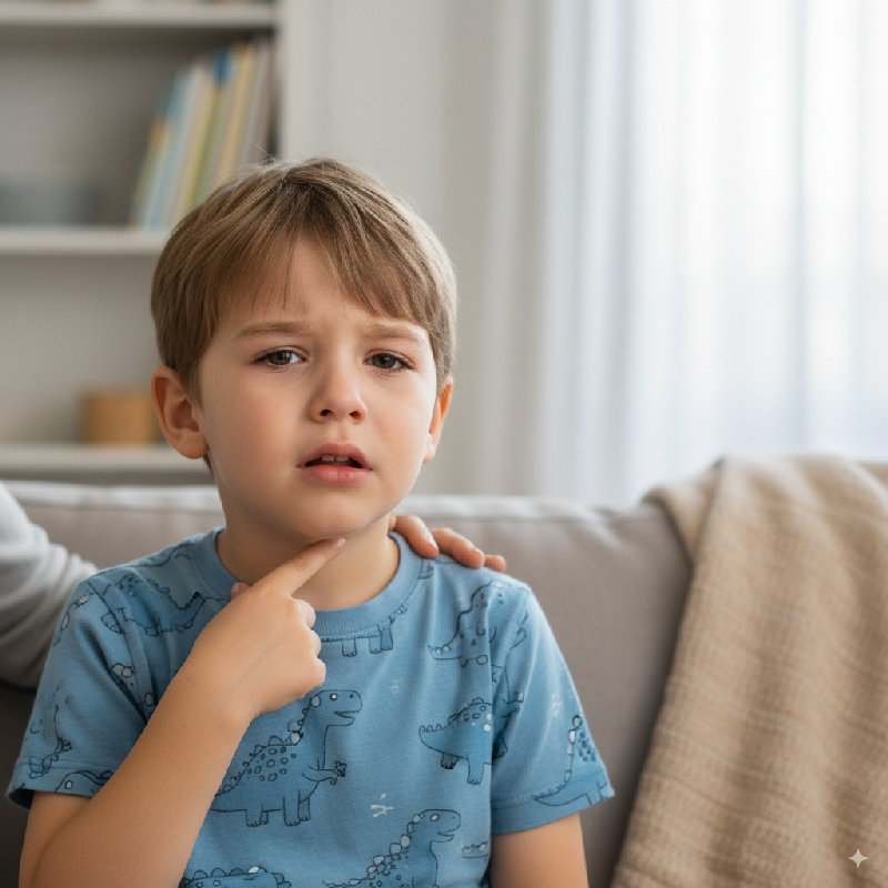 孩子指着喉咙，说自己的扁桃体疼。