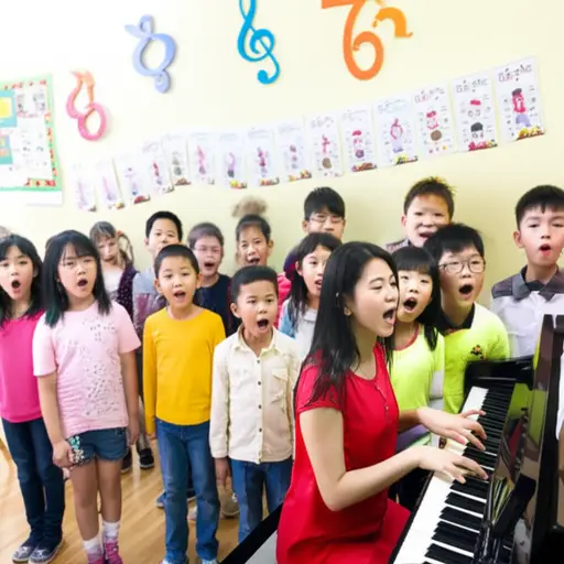 孩子们在音乐课上一起唱歌。