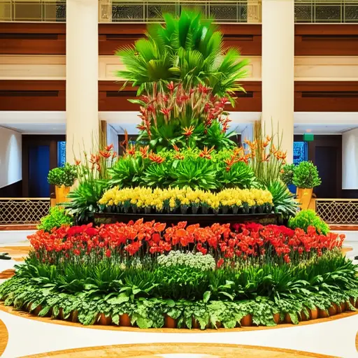 酒店大堂有一个由异国植物和鲜花组成的装饰性陈列。