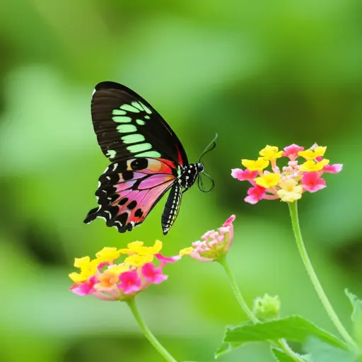 蝴蝶用它的翅膀从一朵花飞到另一朵花。
