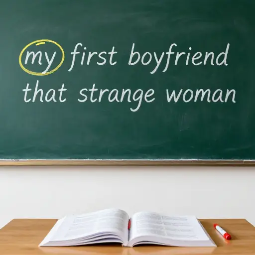在短语'my first boyfriend'和'that strange woman'中，'my'和'that'是限定词。
