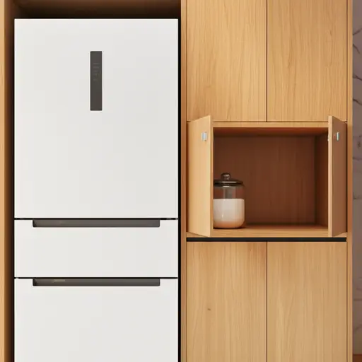 糖在橱柜里，靠近冰箱。