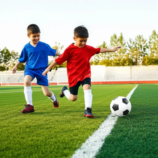 汤姆正在和他的朋友踢足球。