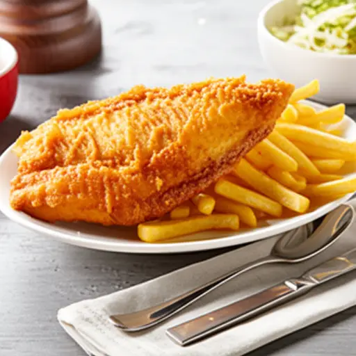 晚餐我们吃鱼和薯条。