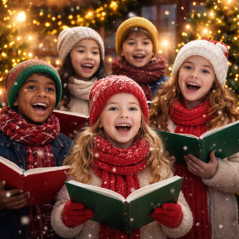 孩子们在圣诞节期间快乐地唱着颂歌。