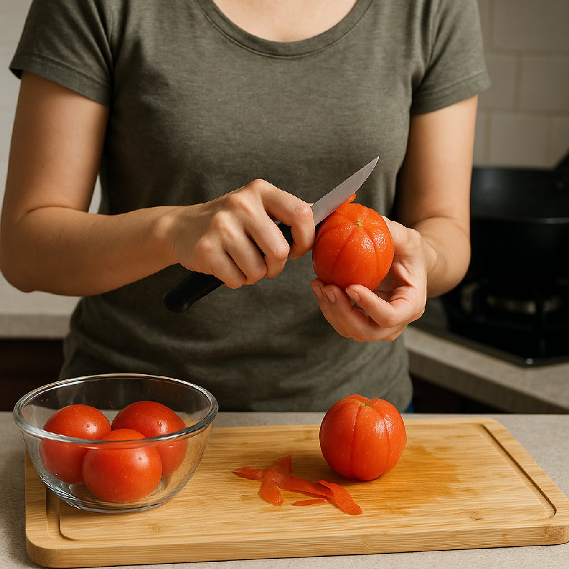她在炒西红柿之前把皮去了。