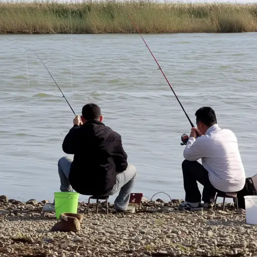 我们试着钓鱼，但什么都没钓到，连只鞋都没有！