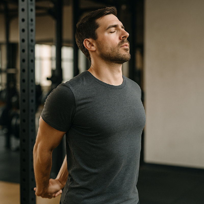 他伸展胸部肌肉以放松。