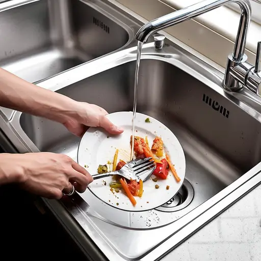 我把脏盘子放进水槽里。