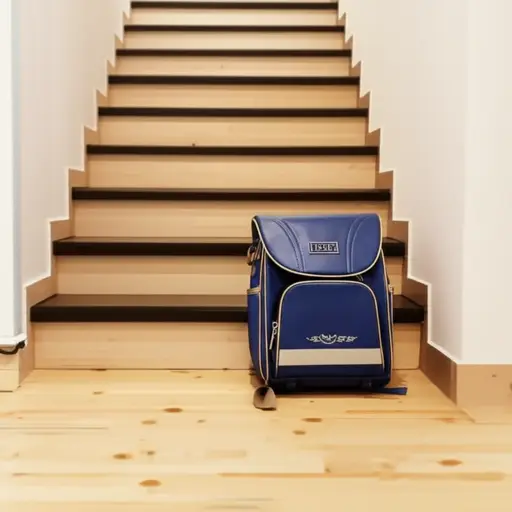 我的书包在楼梯下面。