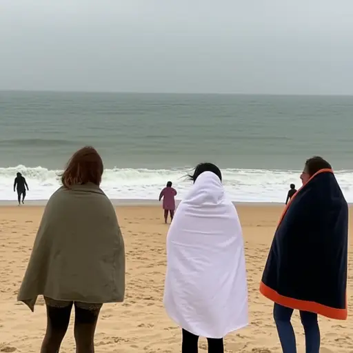 我们在海滩上待了一天，但天气太冷，不能游泳。