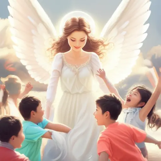 在这幅画中，一位美丽的天使正在守护着孩子们。