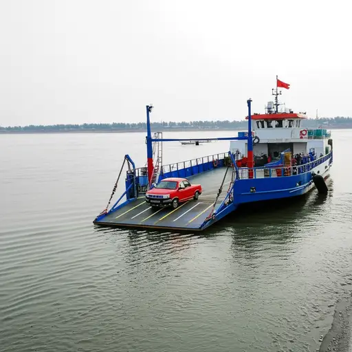 我们登上了汽车渡轮过河。