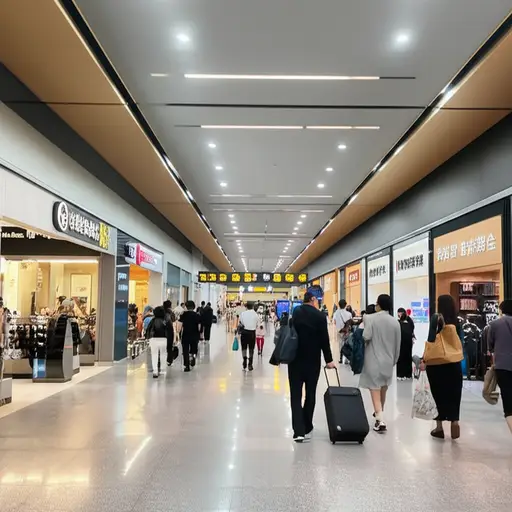 这个机场有五个登机口和很多商店。