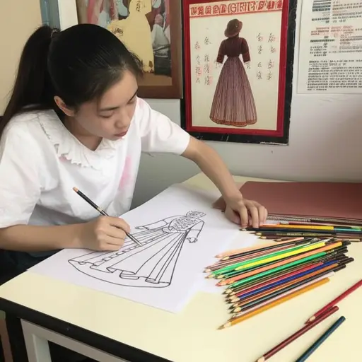 为学校戏剧，她设计了一套漂亮的历史服装。