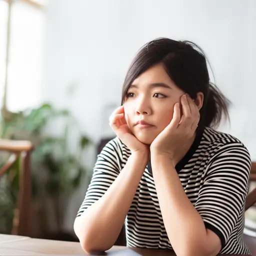 她坐在桌子后面，手托着下巴。