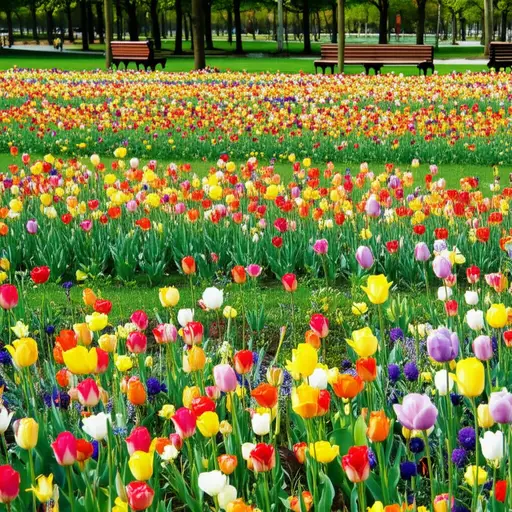 公园里到处都有美丽的花朵。