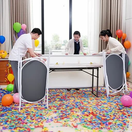 聚会结束后，我们得(折叠)所有的椅子和桌子。