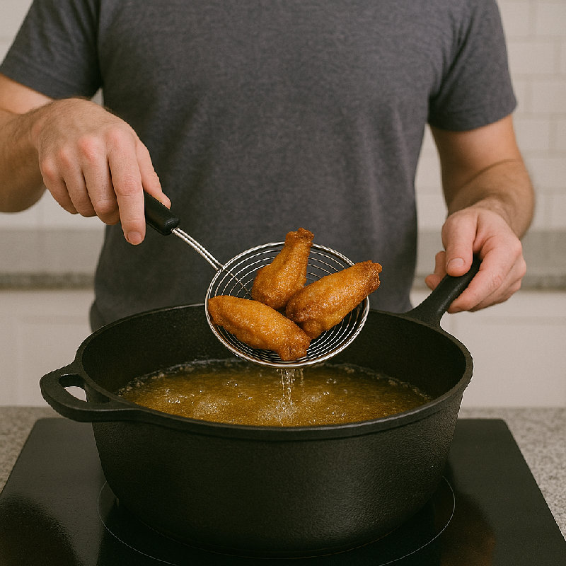 他正在把鸡翅炸到金黄酥脆。