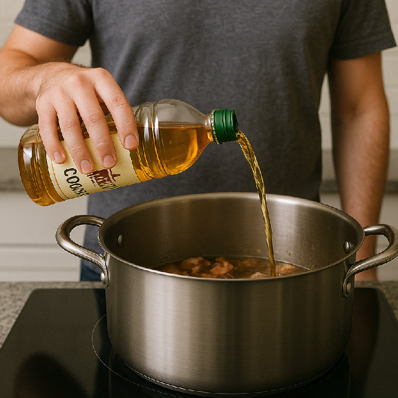 他往锅里倒了点料酒。