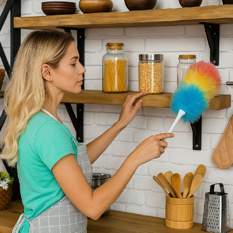 她用掸子清理架子上的灰尘。