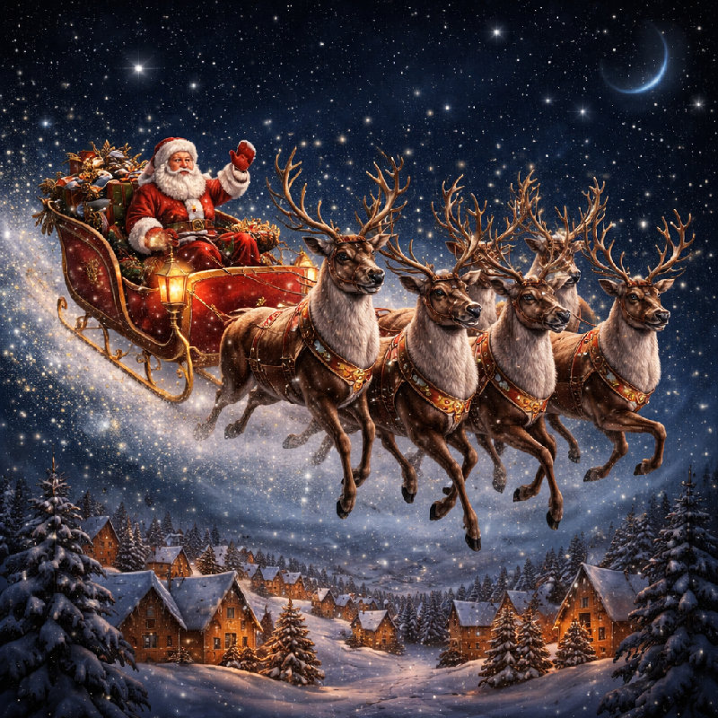 圣诞老人的雪橇是由驯鹿拉着的。