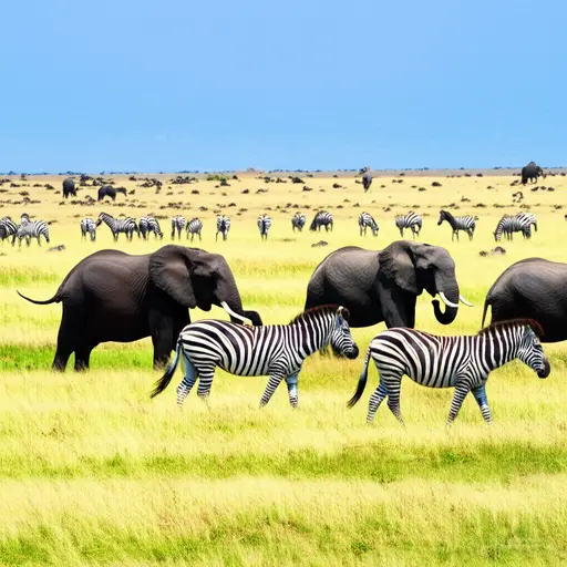 在野外，你能看到大象、长颈鹿和斑马。