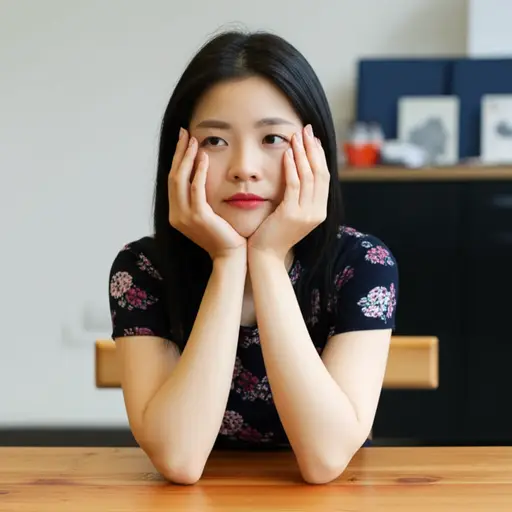 她坐在桌后，双手托着下巴。