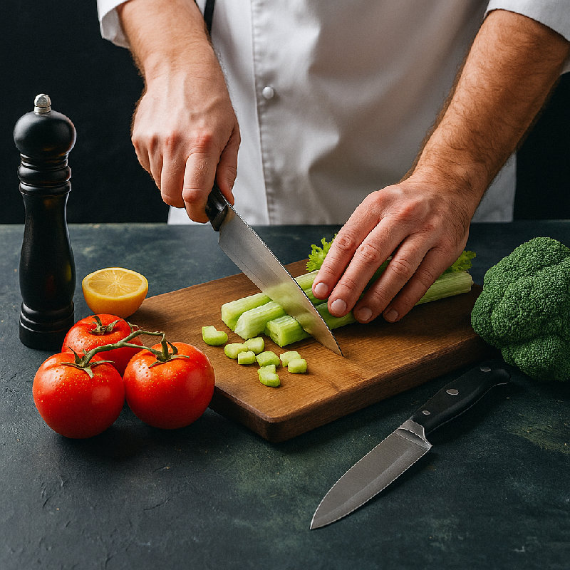 他在砧板上切菜。