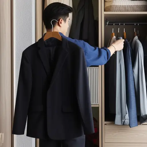 他选了一件深色外套来搭配这条裤子。