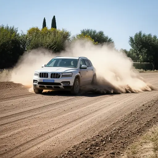 汽车呼啸而过时，一团灰尘在空中升起。