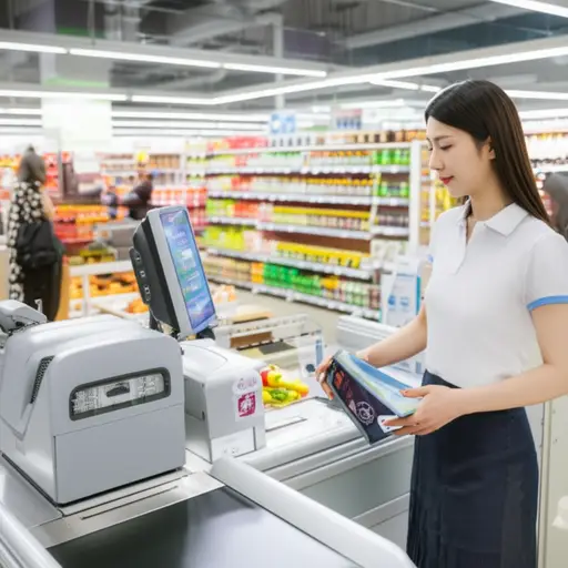 她在当地超市的收银台工作。