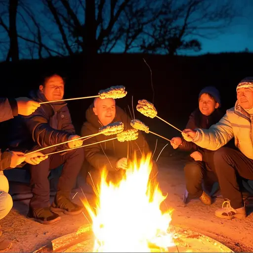 我们在篝火旁烤棉花糖。