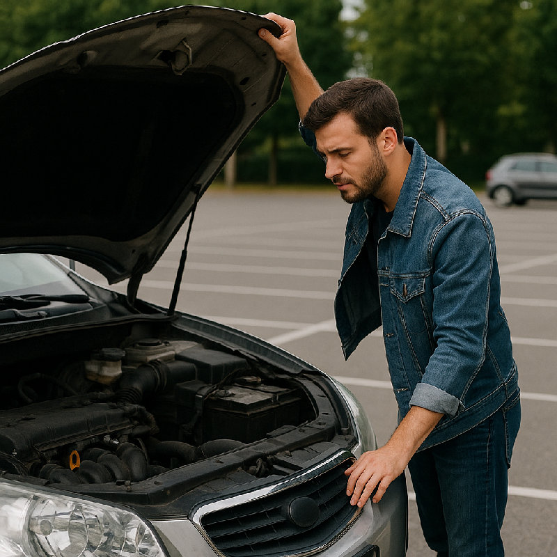 他打开发动机盖检查出了什么问题。