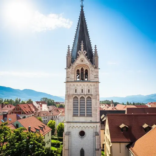 教堂的钟塔上有一座每小时都会鸣响的漂亮大钟。