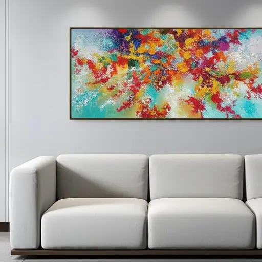 一幅漂亮的画挂在沙发上方的墙上。