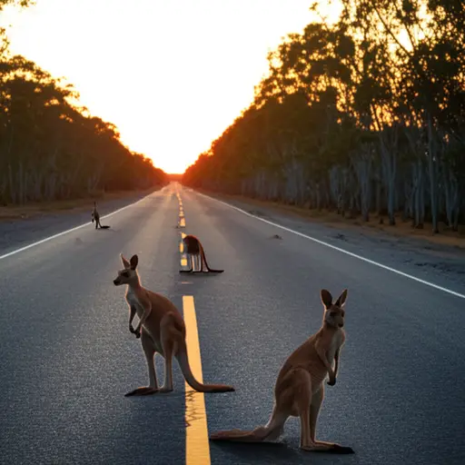 黄昏时分，袋鼠经常横穿马路，这可能很危险。
