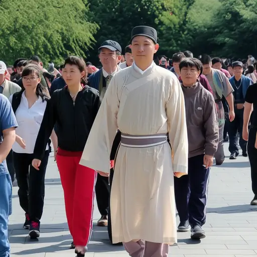 他传统的衣着让他融入了人群。