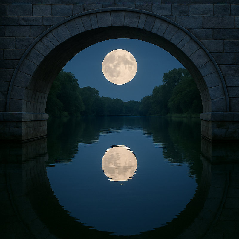 石桥下，湖水映照着满月。