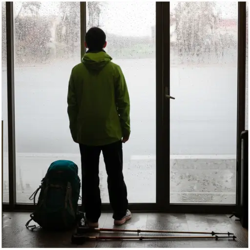 他计划去徒步，但下了一整天的雨。