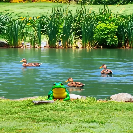 花园里有一个池塘，里面有鸭子和一只青蛙。