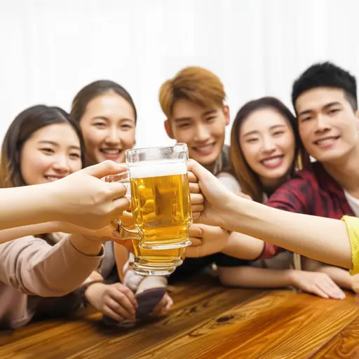 朋友们围坐在桌旁，轮流用同一个杯子喝啤酒。