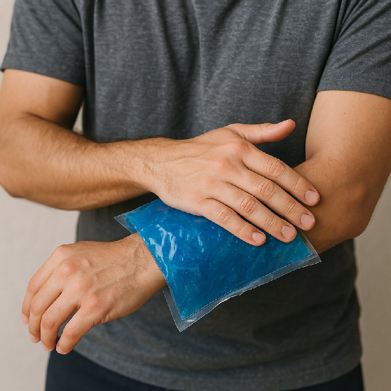 他用冰袋包裹住自己疼痛的前臂。